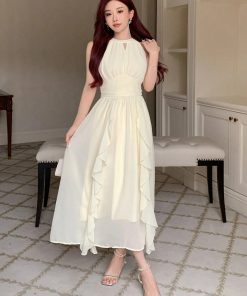 Soft Cream Ruffle Chiffon Dress